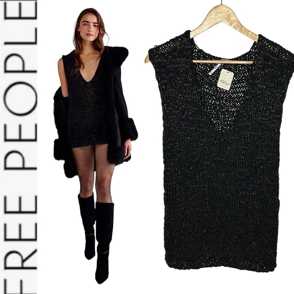 Free People Tops - NWT Free People Billie Vegan Leather Crochet Tunic/Mini Dress black xs
